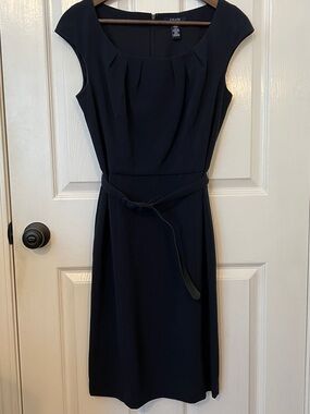 Chaps Navy Blue Cap-Sleeve Sheath Dress with Removable Belt